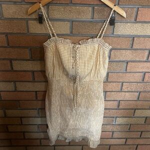 NWT Lost & Wander Yellow & White Gingham Ruffle Smocked Mini Dress Size Small